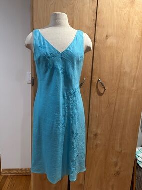 Jones New York Turquoise V-Neck Linen Slip Dress